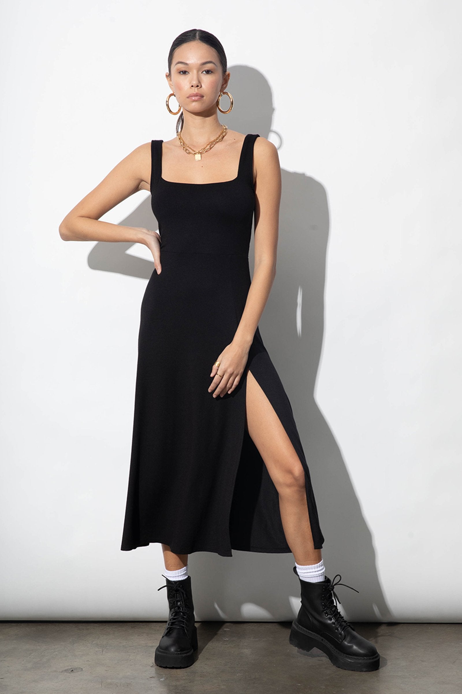 ASOS Square Neck Puff Sleeve Midi Dress in Black | Lyst