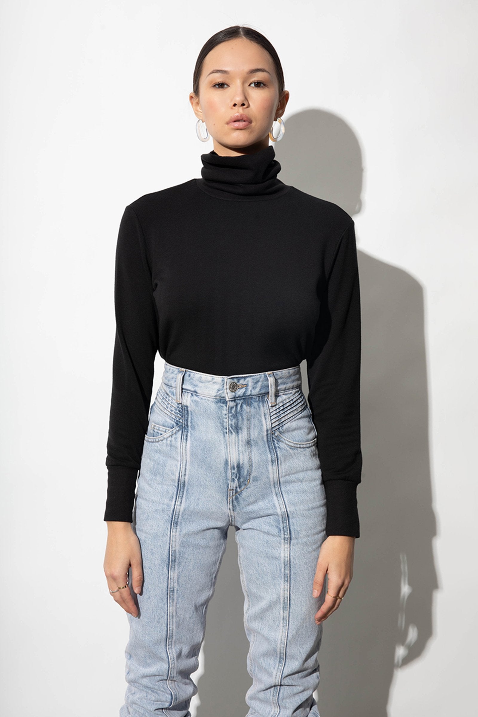 Keaton Black Modal Ultrasoft Fleece Turtleneck Top | Parva Studios