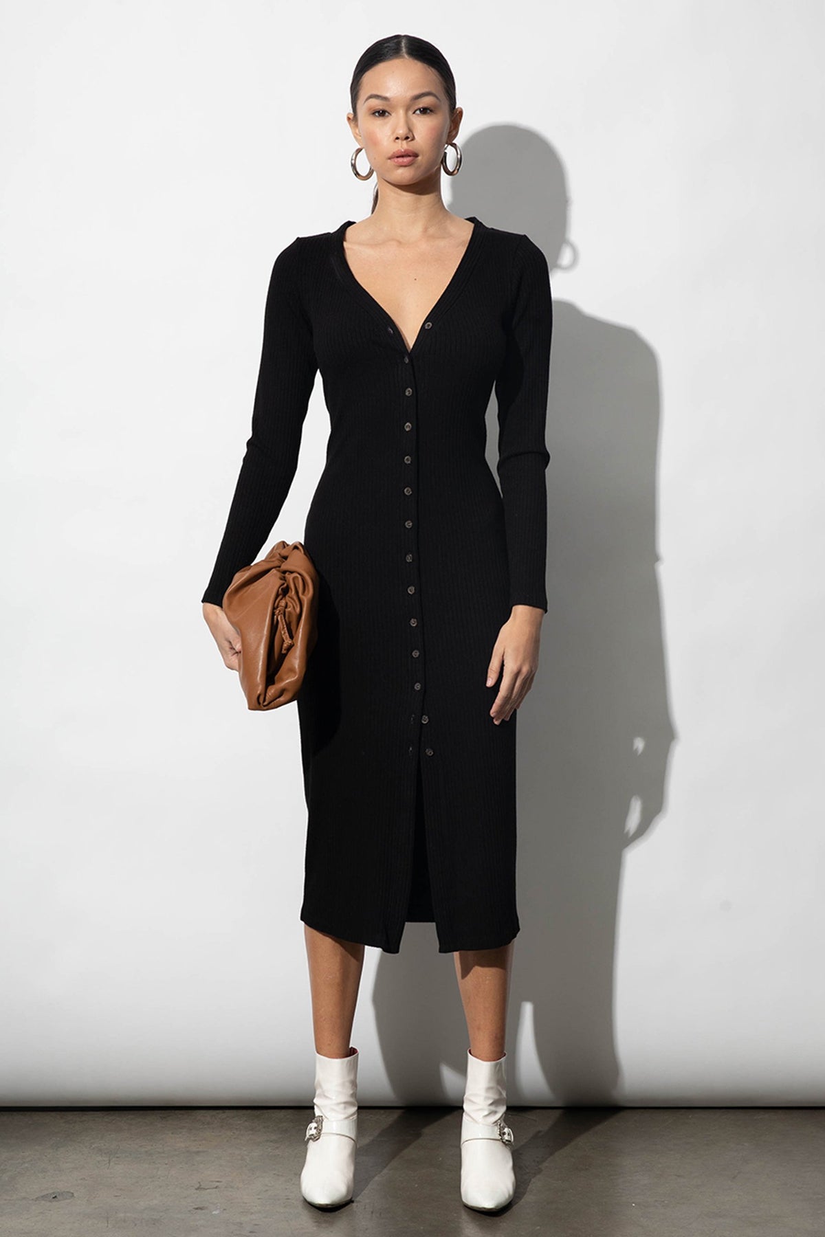 Sade Black Rib Long Sleeve Cardigan Midi Dress Parva Studios
