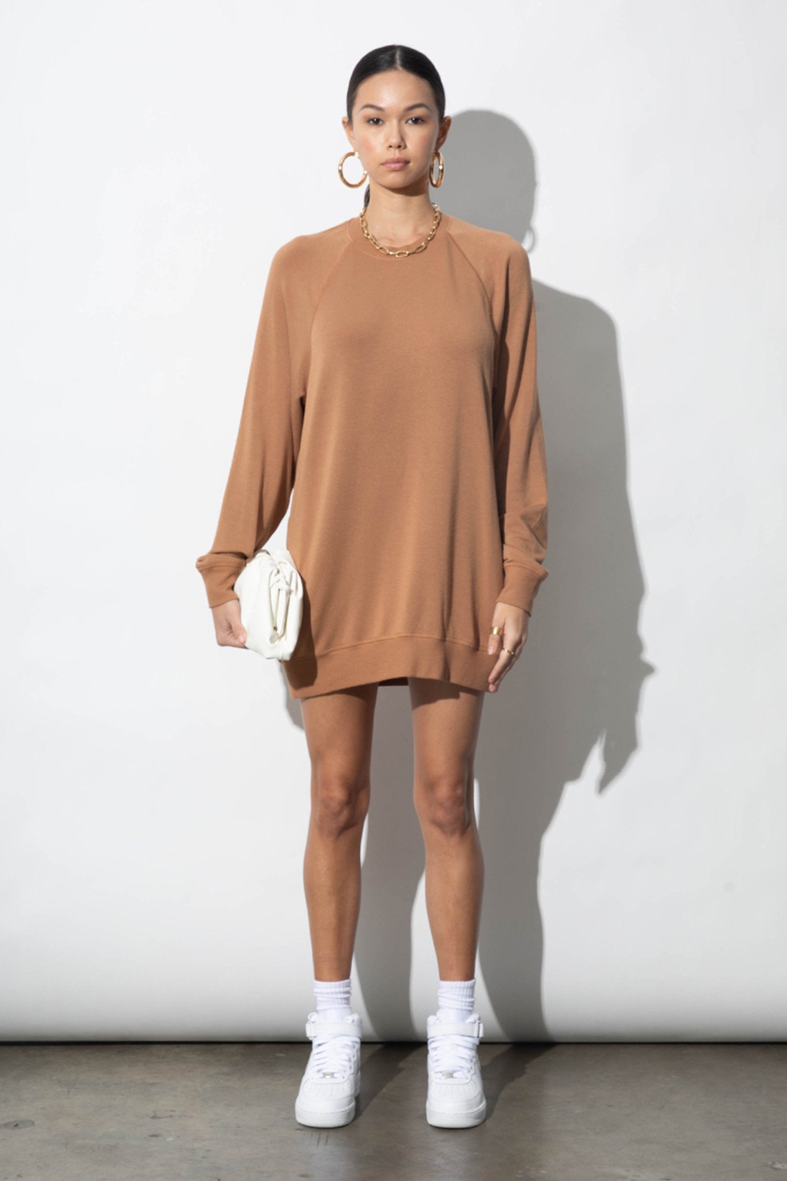 Bridget Camel Modal Ultrasoft Fleece Sweatshirt Dress | Parva Studios