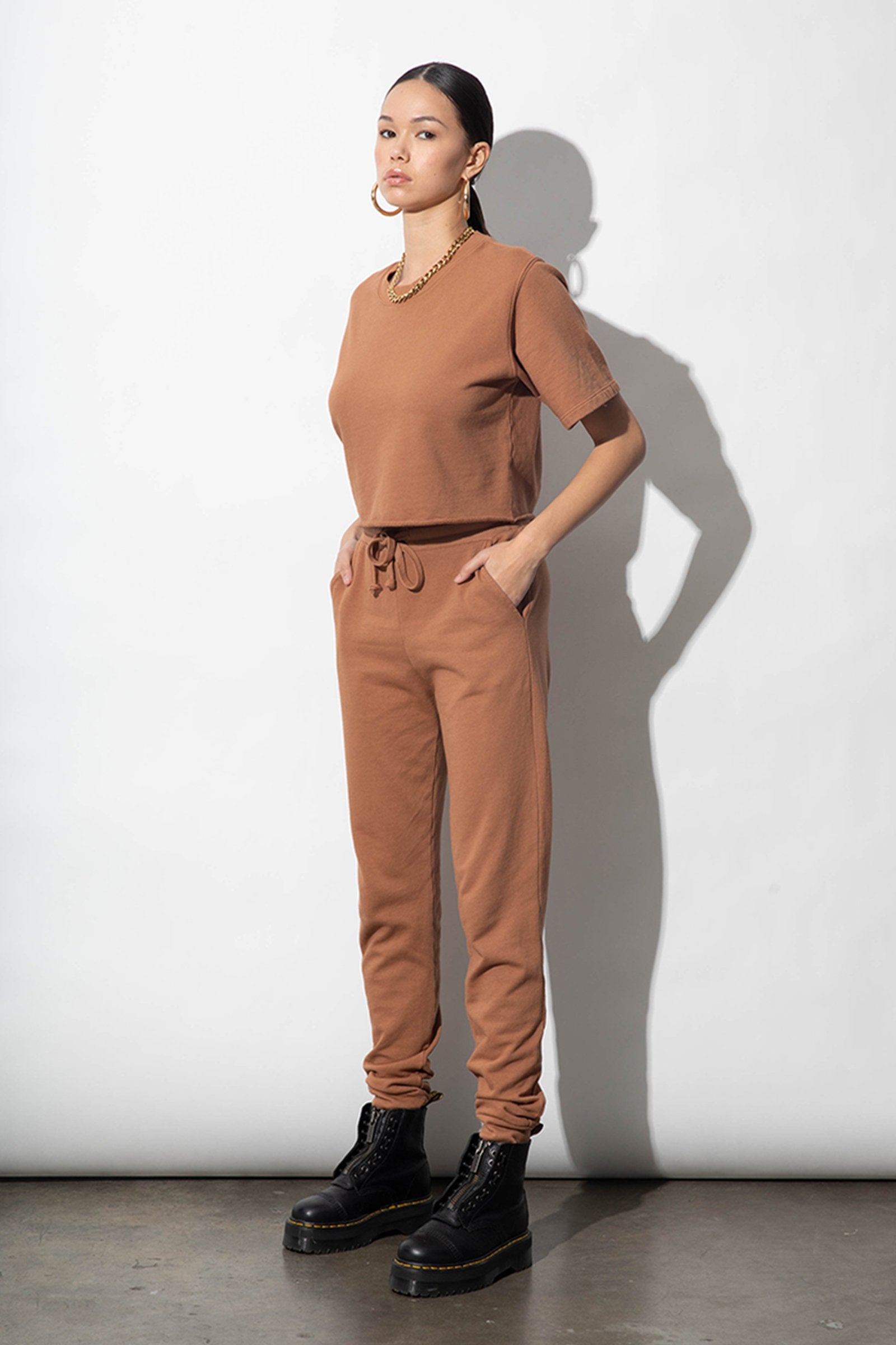 Ally Camel Organic Cotton French Terry High Waisted Jogger  | Parva Studios